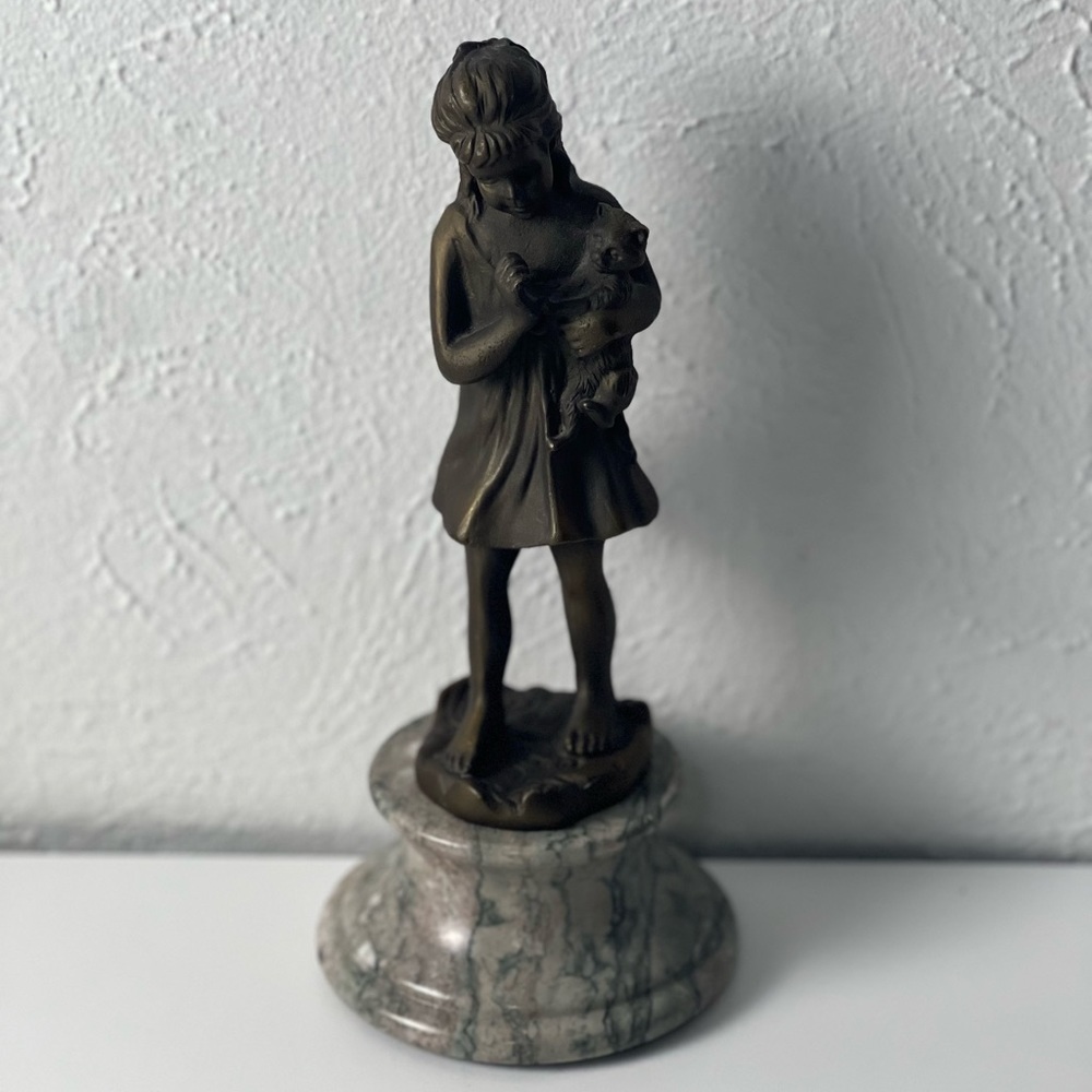 Vintage Bronze Statue Girl Holding Cat Marble Base